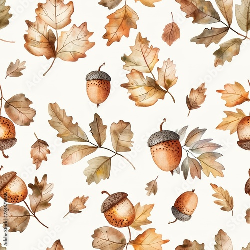 Light watercolor acorn and oak leaves, seamless, autumnal softnesss. Seamless Pattern, Fabric Pattern, Tumbler Wrap, Mug Wrap. photo