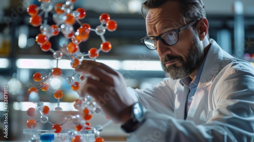 A focused scientist examining a molecular structure model in a laboratory setting, illustrating research, chemistry, and scientific discovery.