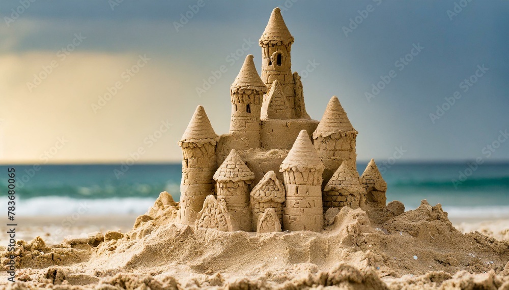 sandcastle sculpture built at the beach in vacation summer time, showcased as a wide banner with copy space area background sandcastle sculpture built at the beach in vacation summer time, showcased as a wide banner with copy space area background