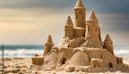 sandcastle sculpture built at the beach in vacation summer time, showcased as a wide banner with copy space area background photo