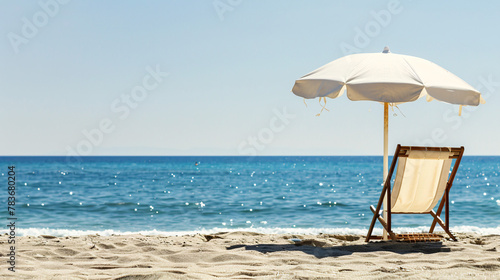 A beach chair reclined under a parasol at a beautiful tropical beach