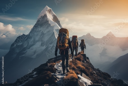 A determined group of hikers is seen pushing through fatigue as they trek up the steep side of a mountain, showcasing resilience and teamwork in challenging terrain photo