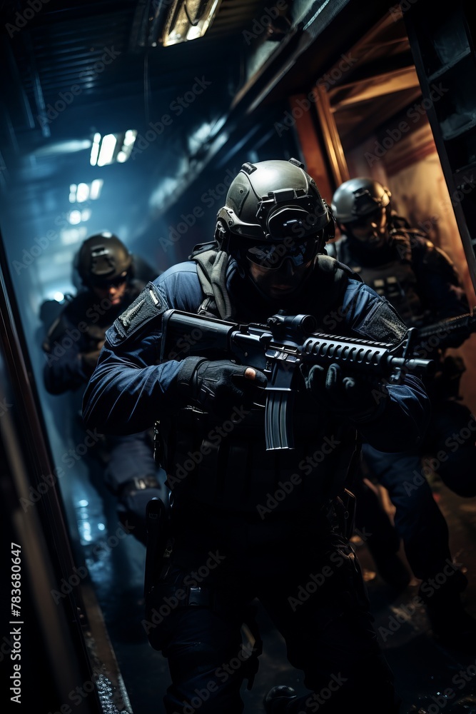 A group of elite commandos equipped in military gear are briskly walking down a hallway, appearing focused and ready for action. They exude a sense of purpose and determination as they move in unison A group of elite commandos equipped in military gear are briskly walking down a hallway, appearing focused and ready for action. They exude a sense of purpose and determination as they move in unison