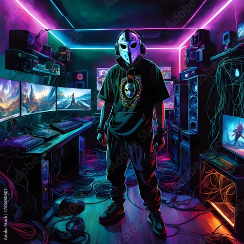 A gamer standing in a room filled with gaming consoles and personal computers, adorned in a mask, console cables snaking across the floor, RGB lighting casting vivid hues over the array of hardware