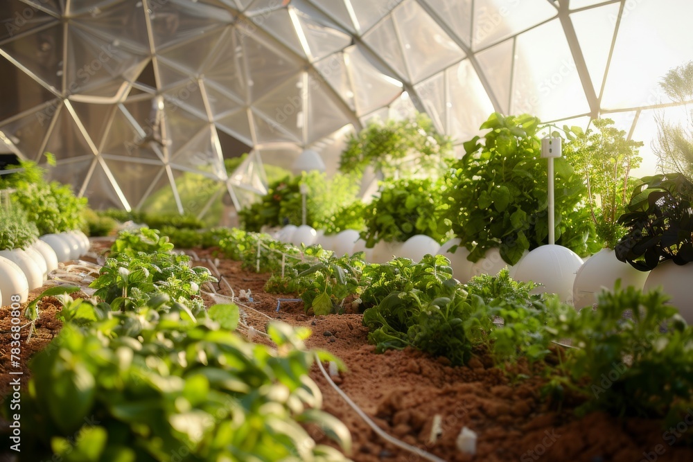Inside a biodome on Mars, verdant with agriculture, reflecting humanity's endeavor to bring life to the red soil