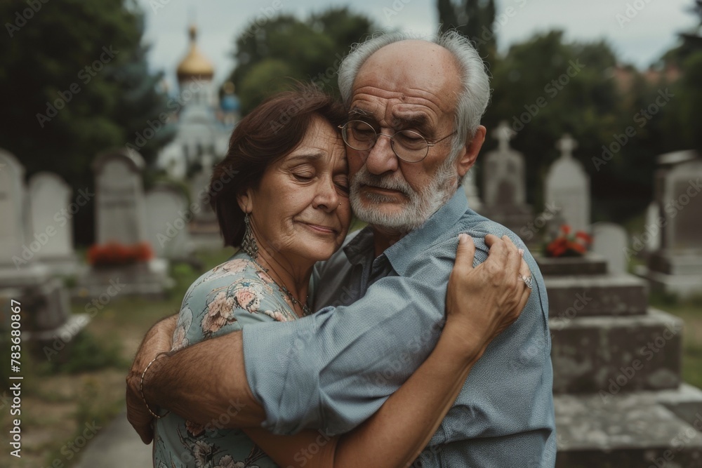 Elderly couple embracing at a cemetery, conveying loss and support