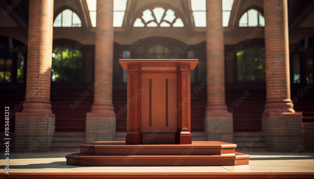 Naklejka premium An empty wooden podium in a large hall