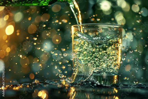 Sparkling Water Pouring into Glass with Dynamic Splash Against Bokeh Background
