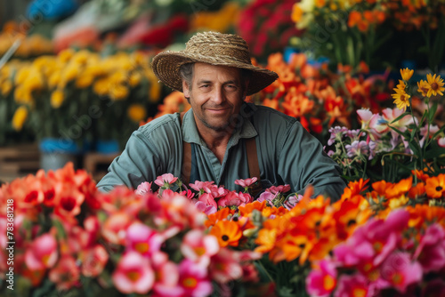 Cheerful Gardener Enjoying the Blooms in a Vibrant Flower Nursery