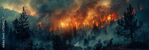 Fiery Wildfire Engulfs Forest in Dusk Hues photo