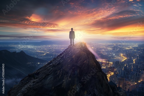 Silhouette of a man standing at the peak of a mountain, gazing at a vibrant sunset over a sprawling cityscape.