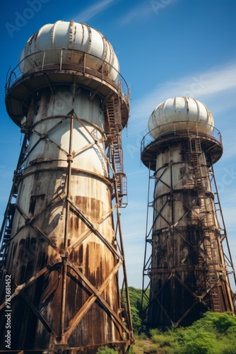 Industrial abseilers inspecting and repairing a water tower photo