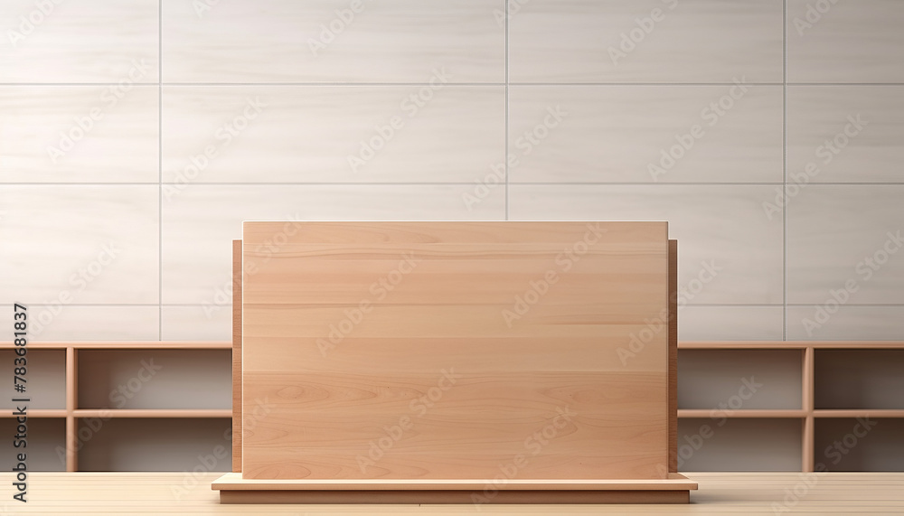An empty wooden sign on a table in front of a ceramic tile wall. An empty wooden sign on a table in front of a ceramic tile wall.