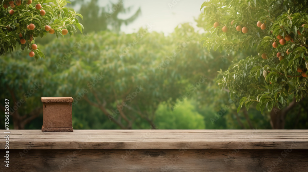 An empty wooden table in an orchard with a blurred background of peach trees with green leaves and ripe peaches hanging from the branches in the warm sunlight. An empty wooden table in an orchard with a blurred background of peach trees with green leaves and ripe peaches hanging from the branches in the warm sunlight.