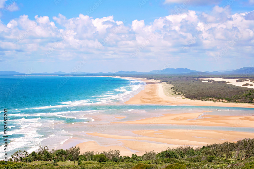 View over Bustard Bay from lookout, empty beach and ocean, looking toward 1770 and agnes water, Queensland Australia View over Bustard Bay from lookout, empty beach and ocean, looking toward 1770 and agnes water, Queensland Australia