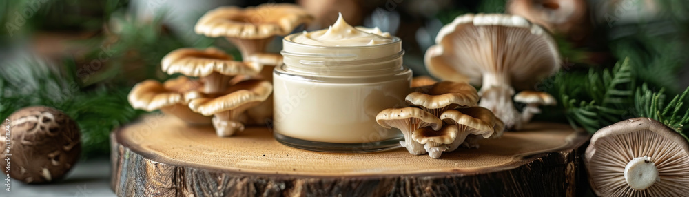 Natural Mushroom Skincare Cream on Wooden Surface with Greenery Natural Mushroom Skincare Cream on Wooden Surface with Greenery