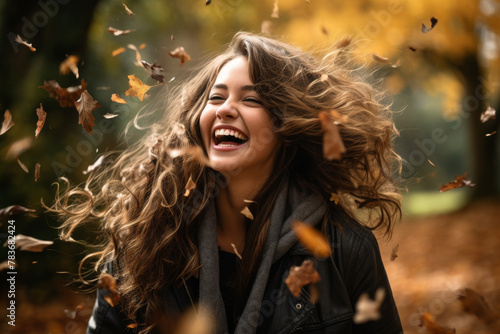 Joyful Woman Laughing Amongst Autumn Leaves
