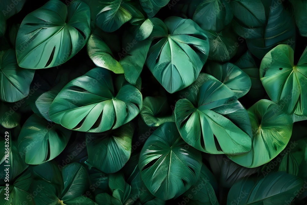 abstract green leaf texture, tropical leaf foliage nature dark green background Generative AI