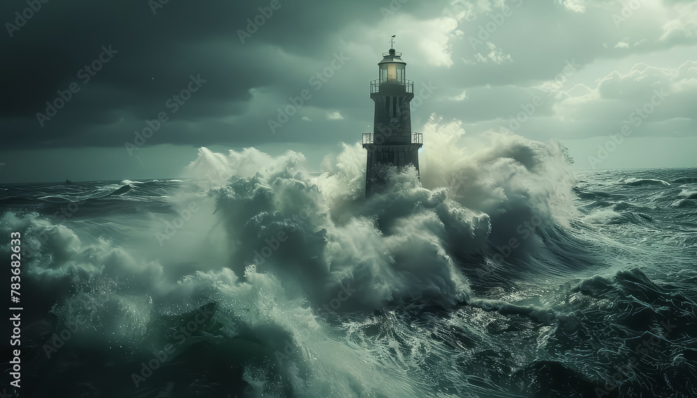 A lighthouse is visible in the distance as the waves crash against the shore