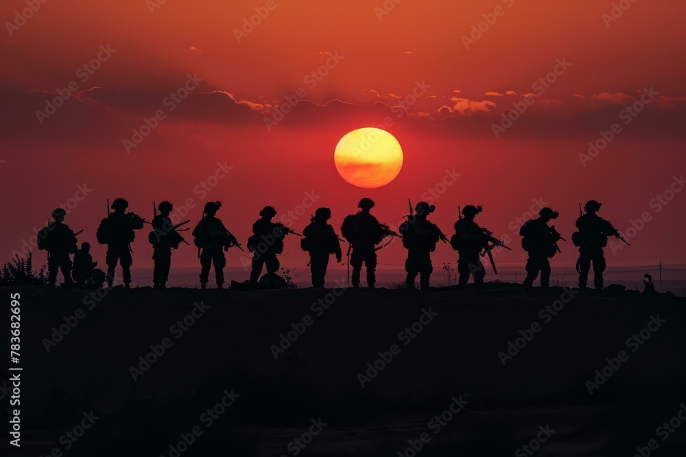 Fototapeta premium Resolute Army during sunset. Ranger soldier training. Generate Ai