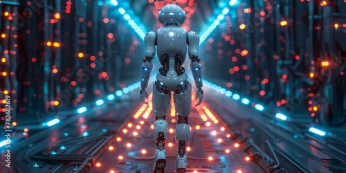 Sleek humanoid robot model posing on a runway made of circuit boards and fiber optics