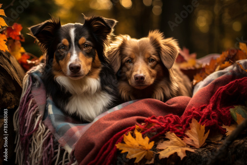 Autumn Bliss: Two Adorable Dogs Nestled Among Fall Leaves © smth.design