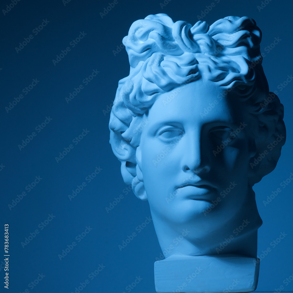 sculpture head face of the ancient Greek god Apollo on a dark blue background in a ray of light black and white photography museum art
sculpture head face of the ancient Greek god Apollo on a dark blue background in a ray of light black and white photography museum art