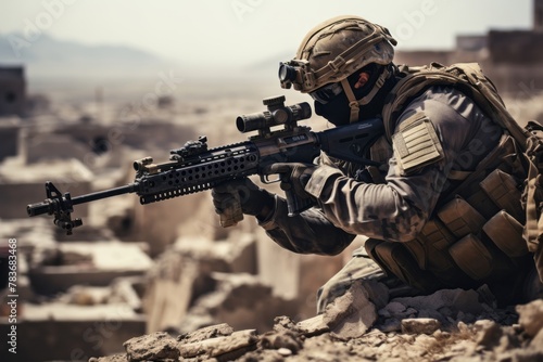 Special forces operatives setting up a sniper position overlooking a strategic location