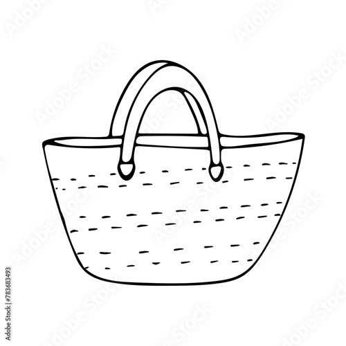 Large volume beach bag for travel. Roomy bag for going to the beach, for towels, things and clothes on vacation. Shopping bag. Hand drawing black line doodle vector illustration. Isolated on white.