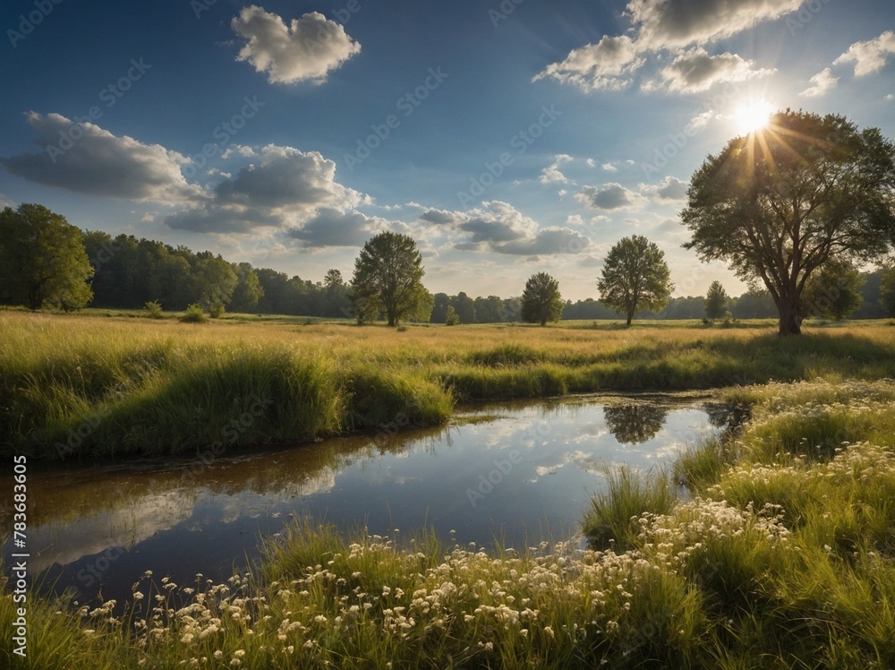 Serene landscape unfolds under radiant sky, where sun casts warm glow, peeking through branches of robust tree standing tall on right. Sunlight bathes scene in golden hue. Serene landscape unfolds under radiant sky, where sun casts warm glow, peeking through branches of robust tree standing tall on right. Sunlight bathes scene in golden hue.