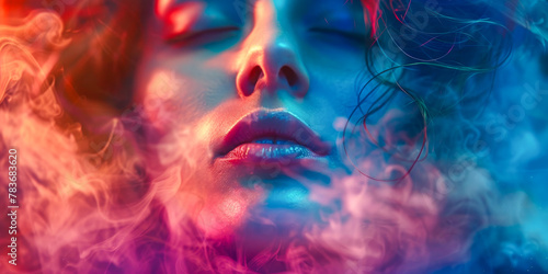 Serene Woman with Vibrant Blue and Red Smoke Art © smth.design