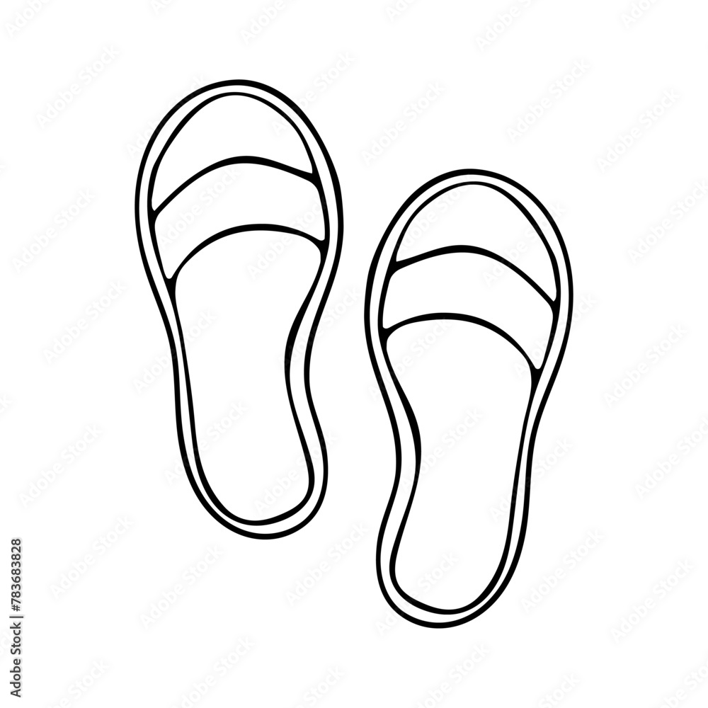 Cute flip flops for the beach, summer holidays, street walks. Lightweight unisex flip flops for home wear. Hand drawing black line doodle vector illustration. Isolated on white. Cute flip flops for the beach, summer holidays, street walks. Lightweight unisex flip flops for home wear. Hand drawing black line doodle vector illustration. Isolated on white.