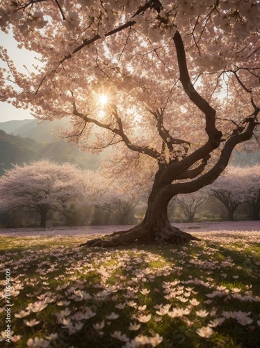 Majestic cherry blossom tree, full of vibrant pink flowers, stands as centerpiece in serene, picturesque landscape. Sunlight filters through delicate blossoms.