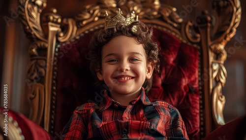 A young boy is wearing a crown and sitting in a chair