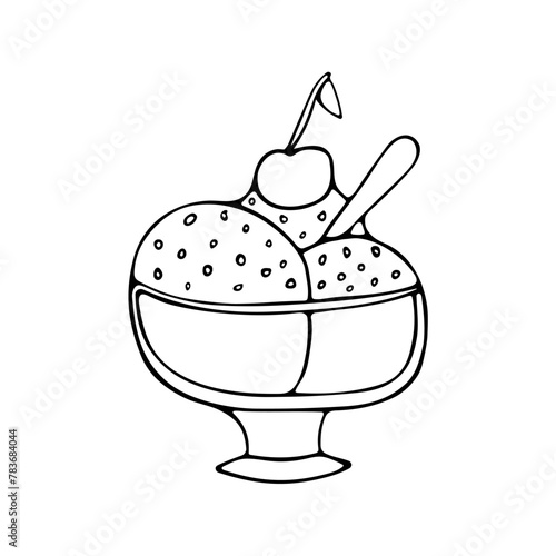 Cute three scoop ice cream in glass bowl with sprinkles, cherry and spoon. Summer refreshing snack. Cold summer sweets. Hand drawing black line doodle vector illustration.Isolated on white background.