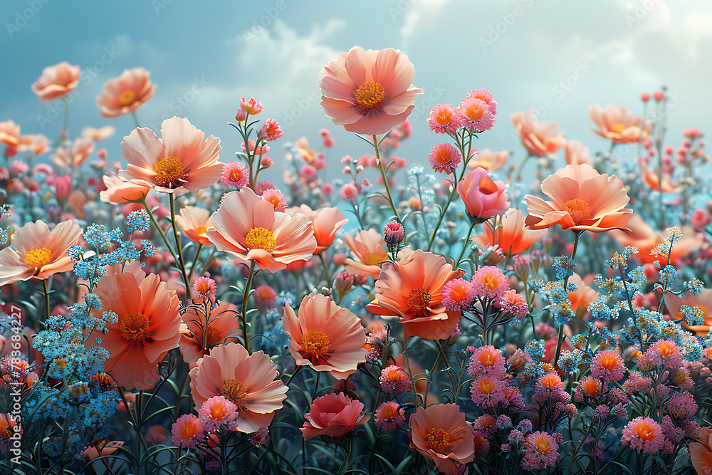 Obraz premium Vibrant floral wallpaper featuring a beautiful arrangement of colorful flowers in full bloom, creating an enchanting and refreshing backdrop for nature-inspired designs and elegant spaces 