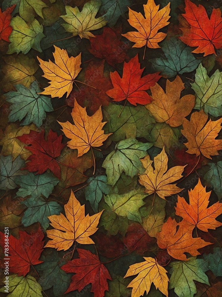Collection of autumn leaves, showcasing vibrant mix of colors, covers entire frame. Each leaf, intricately detailed, uniquely shaped.