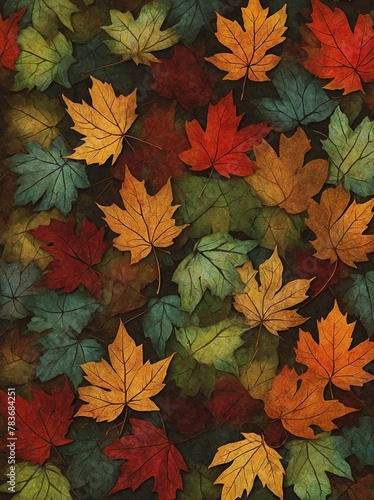 Collection of autumn leaves, showcasing vibrant mix of colors, covers entire frame. Each leaf, intricately detailed, uniquely shaped.