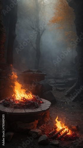 Fire burns brightly on stone altar, another smaller one on ground amidst ruins of old, stone structure, illuminating dark, misty forest that surrounds it. Flames dance in air.