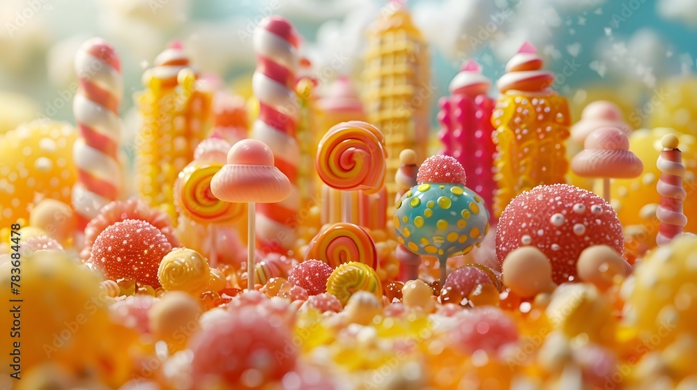 Whimsical Candy-Inspired Cityscape - Vibrant 3D Surreal Dessert Landscape