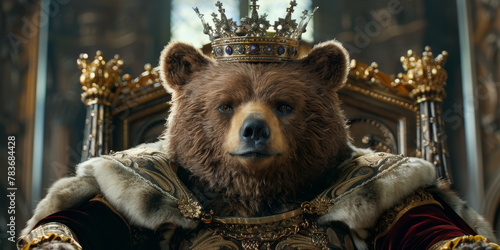 Regal Brown Bear in Majestic Crown and Royal Robes on Throne