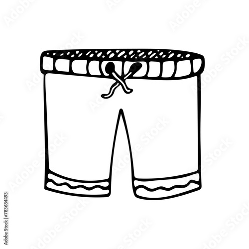 Summer shorts with stripes. Unisex clothes for hot summer. Beachwear for swimming, recreation and travel. Shorts for home wear. Hand drawing black line doodle vector illustration. Isolated on white.