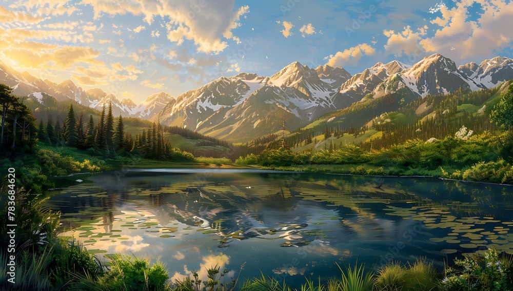A breathtaking sunrise over the mountains, casting golden hues across an alpine lake, reflecting in its crystal clear waters