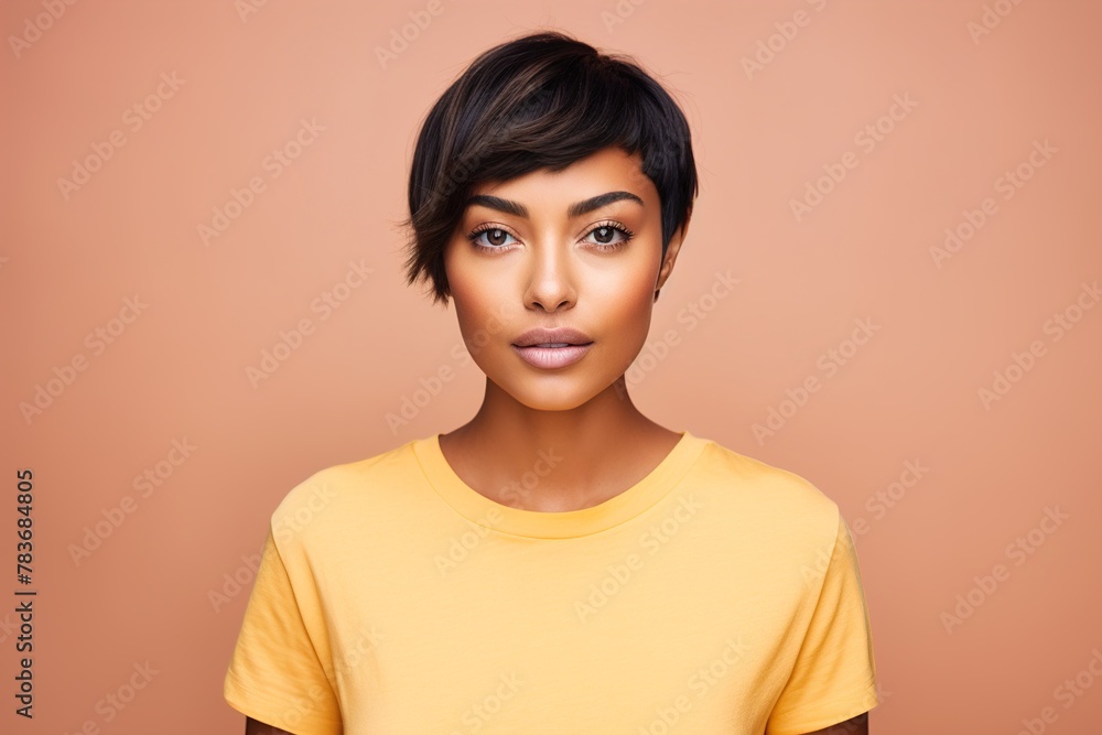 A woman with short hair and a yellow shirt A woman with short hair and a yellow shirt