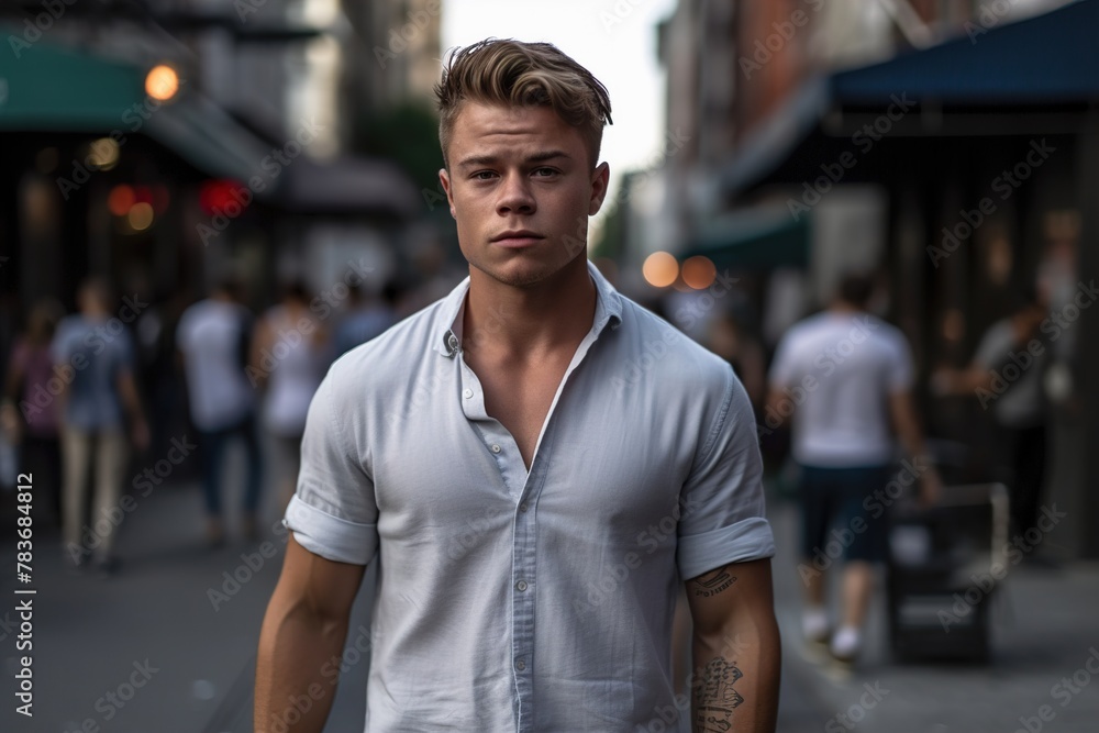 Fototapeta premium A man in a white shirt stands in a busy city street