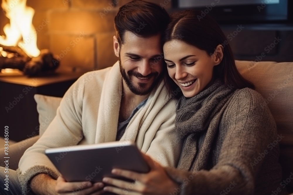 A man and woman are sitting on a couch, holding a tablet A man and woman are sitting on a couch, holding a tablet