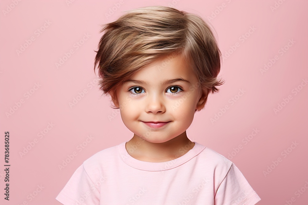 A young child with a pink shirt and short hair is smiling A young child with a pink shirt and short hair is smiling