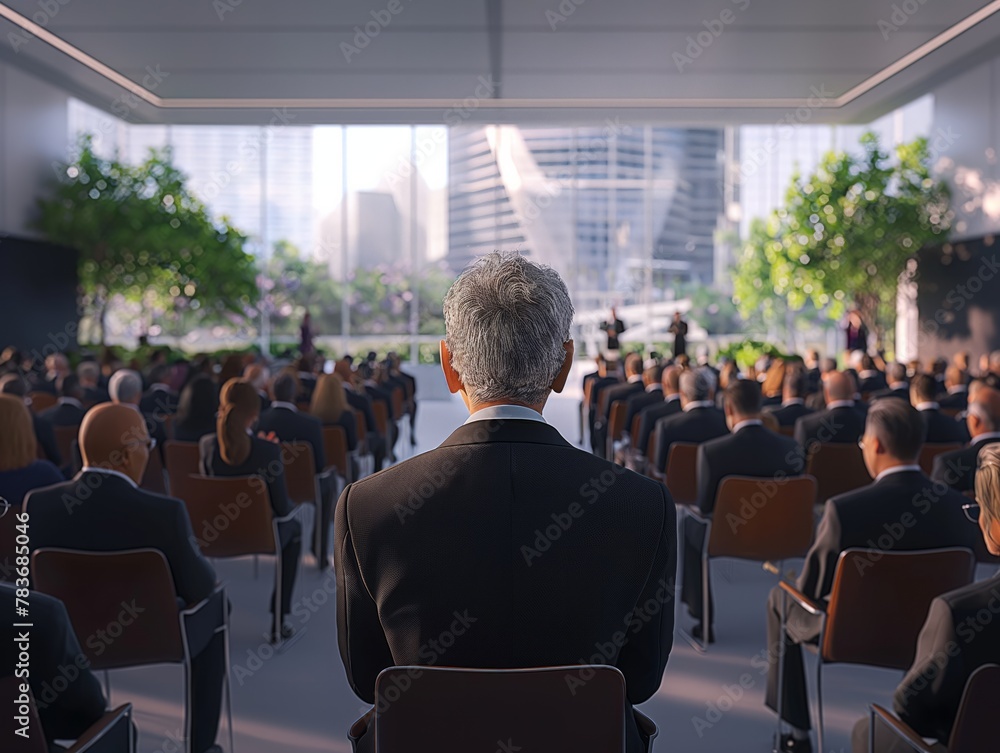 A man in a suit sits in a large room with many other people. The room is filled with chairs and a podium. The man is waiting for something or someone. The atmosphere of the room seems formal