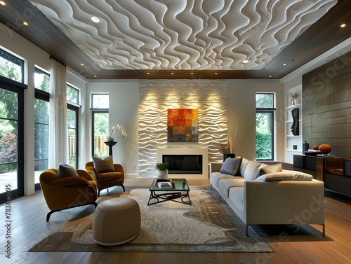 Captivating Textured Ceiling Elevates the Ambiance of This Contemporary Living Room Sanctuary