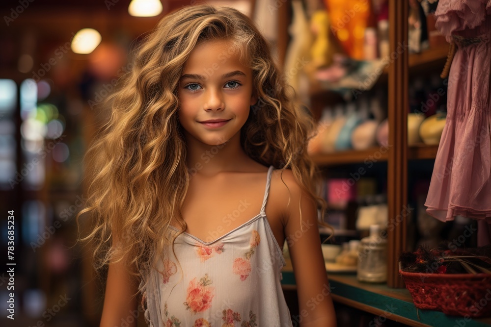 A young girl with long blonde hair stands in front of a store display A young girl with long blonde hair stands in front of a store display